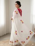 LUXURY CHINON SILK  HANDWORK SAREE WITH UNSTITCHED BLOUSE WHITE AND PINK
