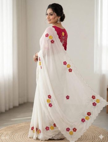 LUXURY CHINON SILK  HANDWORK SAREE WITH UNSTITCHED BLOUSE WHITE AND PINK