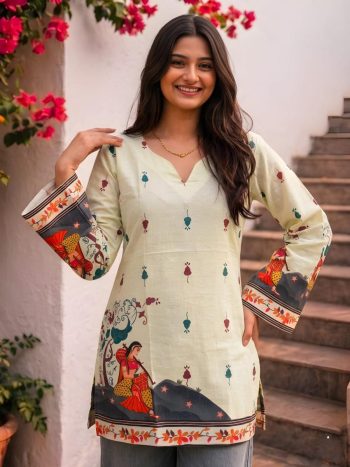 LUXURY COTTON KALAMKARI PRINT KURTI LIGHT YELLOW