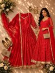 LUXURY FAUX GEORGETTE BANDHEJ PRINT WORK GOWN BOTTOM WITH DUPATTA RED