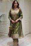 LUXURY ROMAN  SILK EMBROIDERY SEQUENCE WORK TOP BOTTOM WITH DUPATTA GREEN