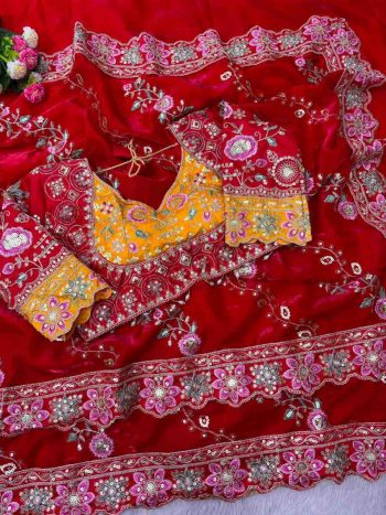 LUXURY SOFT FANDY SATIN SILK EMBROIDERY DUAL SEQUENCES AND CODING WORK SAREE WITH STITCHED BLOUSE RED