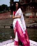 MODERN BANARASI SILK WEAVING WORK SAREE WITH UNSTITCHED BLOUSE PINK AND WHITE
