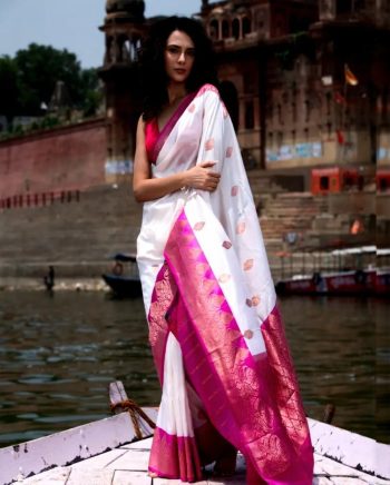 MODERN BANARASI SILK WEAVING WORK SAREE WITH UNSTITCHED BLOUSE PINK AND WHITE