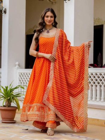 MODERN BANDHANI VICHITRA SILK EMBROIDERY & REAL MIRROR WORK GOWN BOTTOM WITH DUPATTA ORANGE
