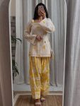 MODERN CAMBRIC COTTON DIGITAL PRINT WORK CO-ORD SET YELLOW AND WHITE