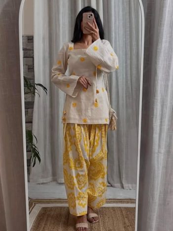 MODERN CAMBRIC COTTON DIGITAL PRINT WORK CO-ORD SET YELLOW AND WHITE