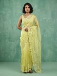 MODERN CHANDA SILK EMBROIDERY WORK SAREE WITH UNSTITCHED BLOUSE YELLOW