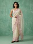 MODERN CHANDA SILK EMBROIDERY WORK SAREE WITH UNSTITCHED BLOUSE CREAM