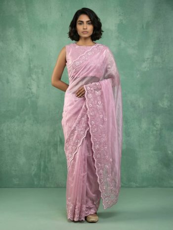 MODERN CHANDA SILK EMBROIDERY WORK SAREE WITH UNSTITCHED BLOUSE PINK