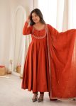 MODERN CHANDERI SILK THREAD WORK GOWN BOTTOM WITH DUPATTA ORANGE