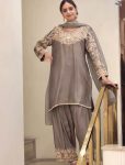 MODERN CHINON EMBROIDERY 3 MM SEQUENCE & CODING-DORI WITH PEARL MOTI HAND WORK TOP PATIYALA WITH DUPATTA GREY