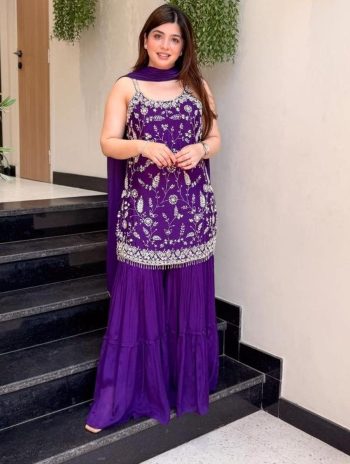 MODERN CHINON EMBROIDERY SEQUENCE WORK TOP PALAZZO WITH DUPATTA PURPLE