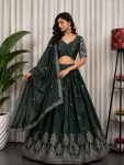 MODERN CHINON SEQUENCE AND THREAD EMBROIDERY WORK LEHENGA CHOLI WITH DUPATTA DARK GREEN