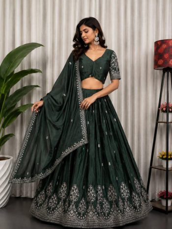 MODERN CHINON SEQUENCE AND THREAD EMBROIDERY WORK LEHENGA CHOLI WITH DUPATTA DARK GREEN