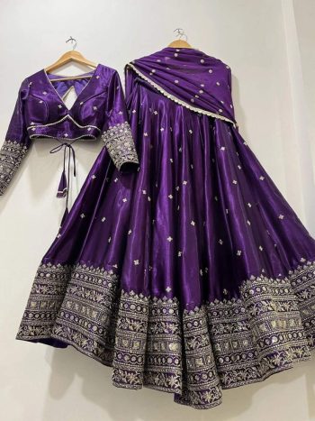 MODERN CHINON SILK EMBROIDERY SEQUENCE WORK LEHENGA CHOLI WITH DUPATTA  PURPLE