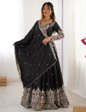 MODERN CHINON SILK EMBROIDERY SEQUENCE WORK LEHENGA CHOLI WITH DUPATTA BLACK