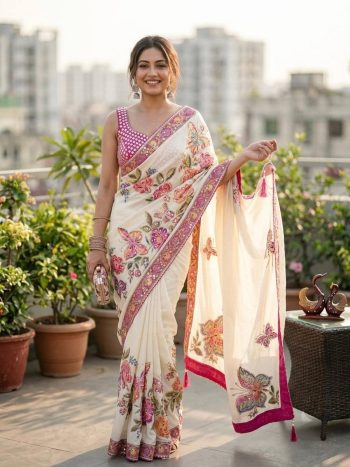MODERN CHINON SILK FLORAL PRINT WITH SEQUENCE AND REAL MIRROR WORK SAREE WITH UNSTITCHED BLOUSE OFF WHITE AND PINK