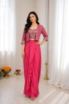 MODERN CHINON SILK PLAIN DRAPE SKIRT WITH EMBROIDERY MULTI THREAD CODING SEQUENCE WORK BLOUSE AND KOTI PINK