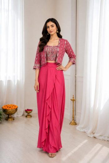 MODERN CHINON SILK PLAIN DRAPE SKIRT WITH EMBROIDERY MULTI THREAD CODING SEQUENCE WORK BLOUSE AND KOTI PINK