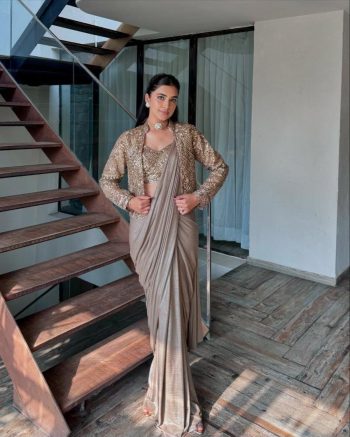 MODERN CHINON SILK ZARI AND HEAVY THREAD EMBROIDERY WORK LEHENGA SAREE BLOUSE WITH JACKET GREY