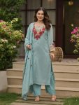 MODERN CORAL SILK MULTI EMBROIDERY THREAD WORK  TOP BOTTOM WITH DUPATTA SKY