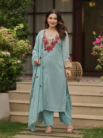 MODERN CORAL SILK MULTI EMBROIDERY THREAD WORK  TOP BOTTOM WITH DUPATTA SKY
