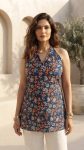 MODERN COTTON BLEND FLORAL PRINT WORK TUNIC TOP NAVY BLUE