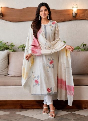MODERN COTTON DIGITAL PRINT WORK TOP BOTTOM WITH DUPATTA OFF WHITE