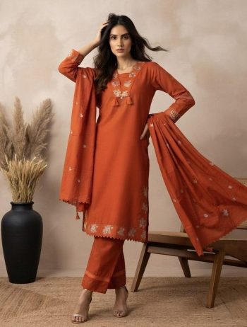 MODERN COTTON EMBROIDERED WORK TOP BOTTOM WITH DUPATTA ORANGE