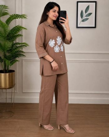 MODERN COTTON EMBROIDERY WORK CO-ORD SET CHIKU
