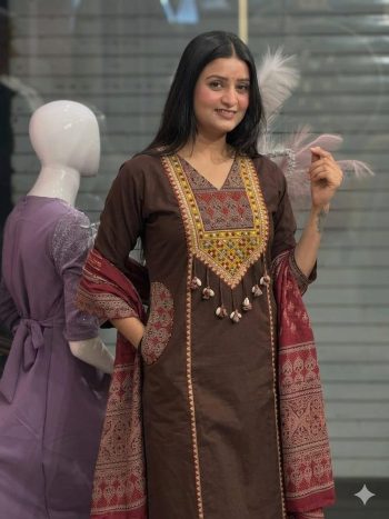 MODERN COTTON EMBROIDERY WORK TOP BOTTOM WITH DUPATTA CHIKU