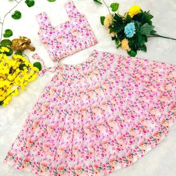 MODERN COTTON PRINT WORK KID'S LEHENGA CHOLI BABY PINK