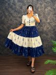MODERN COTTON PRINT WORK ONE PIECE DRESS BLUE AND WHITE