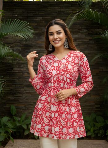 MODERN COTTON PRINTED WORK TOP RED