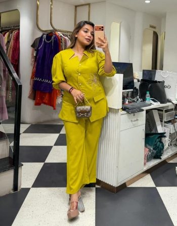 MODERN COTTON SLUB EMBROIDERY WORK CO-ORD SET LEMON