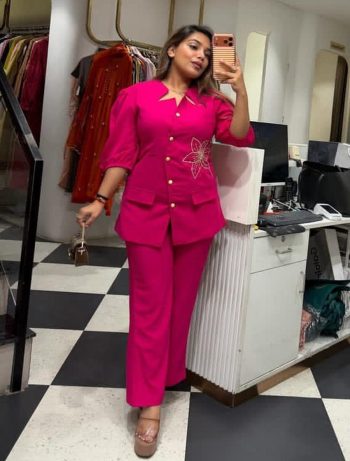 MODERN COTTON SLUB EMBROIDERY WORK CO-ORD SET PINK