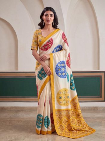 MODERN CREPE SILK DIGITAL PATOLA PRINT WITH REAL MIRROR WORK SAREE WITH UNSTITCHED BLOUSE YELLOW AND WHITE