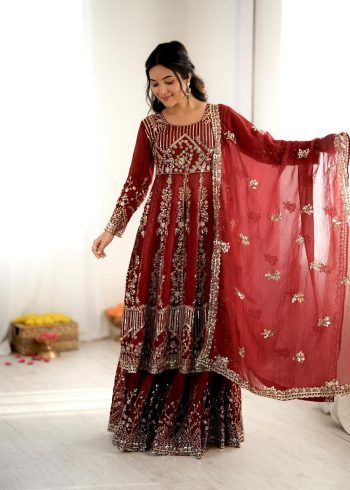 MODERN CRUNCHY SILK EMBROIDERY SEQUENCE WORK TOP PALAZZO WITH DUPATTA MAROON