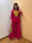MODERN CRUNCHY SILK TOP AND PALAZZO SET WITH EMBROIDERY WORK WITH HANDWORK COIN HANGING WORK KOTI RANI