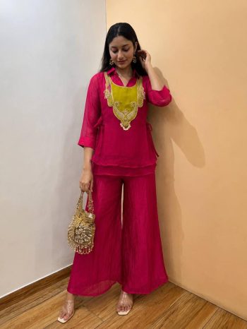 MODERN CRUNCHY SILK TOP AND PALAZZO SET WITH EMBROIDERY WORK WITH HANDWORK COIN HANGING WORK KOTI RANI