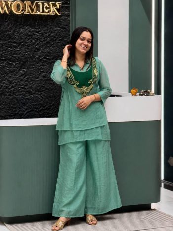 MODERN CRUNCHY SILK TOP AND PALAZZO SET WITH EMBROIDERY WORK WITH HANDWORK COIN HANGING WORK KOTI GREEN