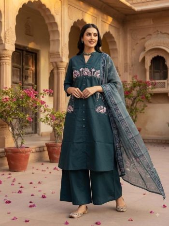 MODERN DHABU COTTON EMBROIDERY WORK TOP BOTTOM WITH DUPATTA TEAL