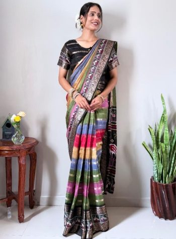 MODERN DOLA SILK PRINTED ON WOVEN  WORK READY TO WEAR GOWN SAREE MULTI