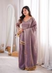 MODERN DOREMON CRUSH REAL MIRROR WORK LACE BORDER  WORK TOP PALAZZO WITH DUPATTA PURPLE
