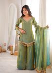 MODERN DOREMON CRUSH REAL MIRROR WORK LACE BORDER  WORK TOP PALAZZO WITH DUPATTA GREEN