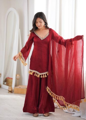 MODERN DOREMON CRUSH REAL MIRROR WORK LACE BORDER  WORK TOP PALAZZO WITH DUPATTA MAROON