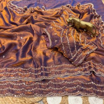 MODERN FANDY SATIN SILK ROSE GOLD  BEADS WORK WITH CUT  WORK BORDER SAREE WITH STITCH BLOUSE LAVENDER