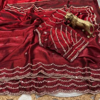 MODERN FANDY SATIN SILK ROSE GOLD  BEADS WORK WITH CUT  WORK BORDER SAREE WITH STITCH BLOUSE MAROON