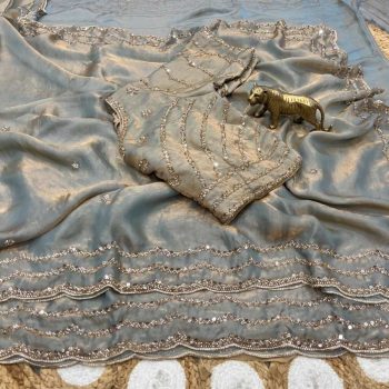 MODERN FANDY SATIN SILK ROSE GOLD  BEADS WORK WITH CUT  WORK BORDER SAREE WITH STITCH BLOUSE GREY